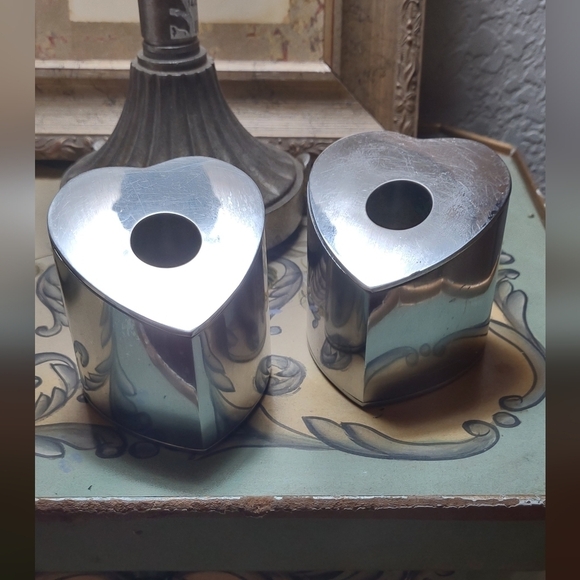Pair of Vintage Stainless Steel Heart Shaped Votive & Taper Candle Holders🕯️ - Picture 4 of 16